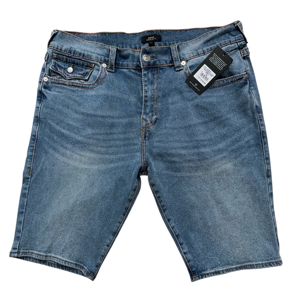 True Religion Rocco Relaxed Skinny Denim Shorts Mens 38 Big T Flap Blue NEW
